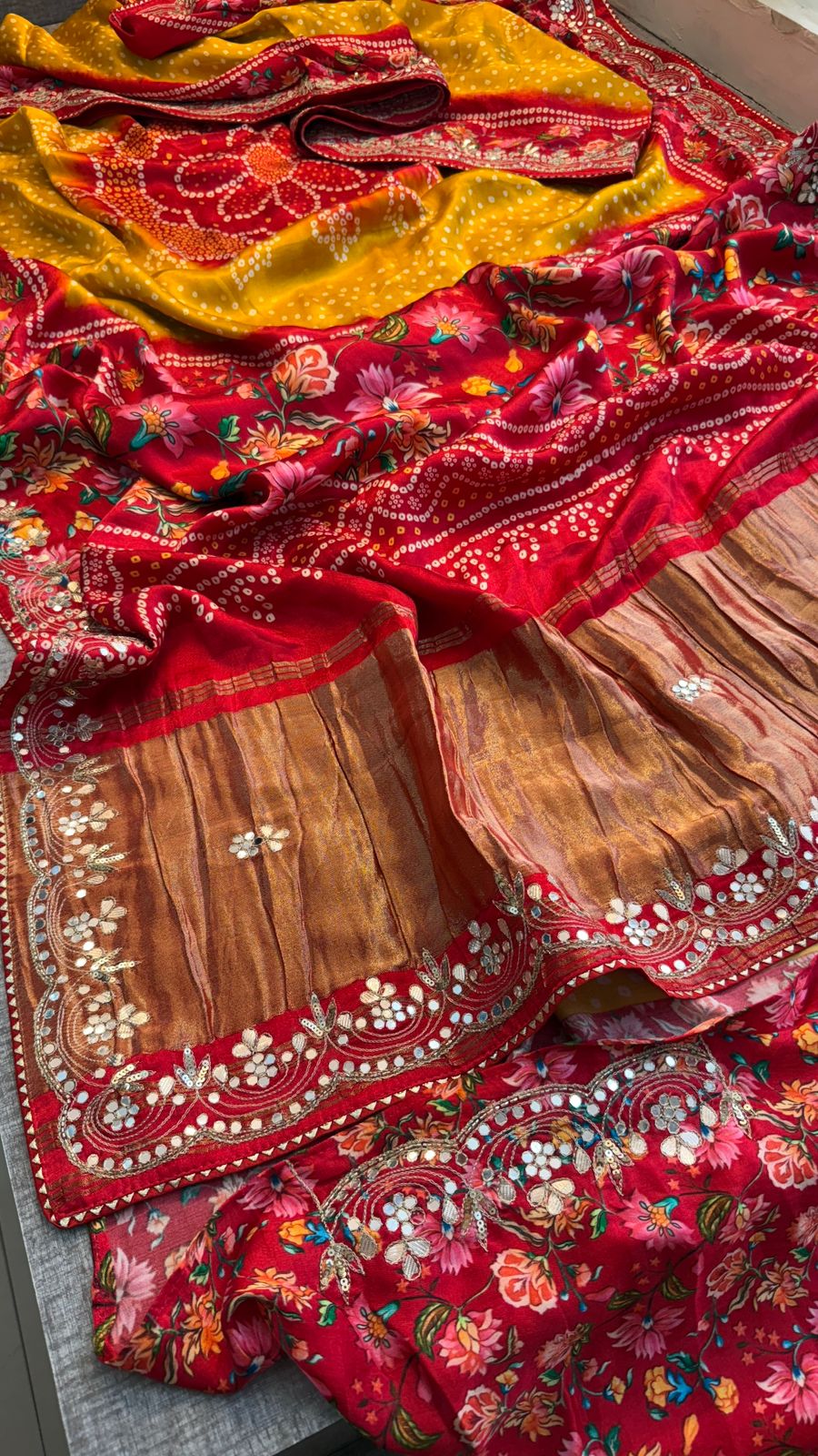 Pure Gajji Silk Lakdi Patta Digital Print Saree with Handcrafted Gota Patti Kutdana Sequins and Kasab Work