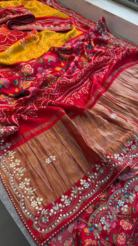 Pure Gajji Silk Lakdi Patta Digital Print Saree with Handcrafted Gota Patti Kutdana Sequins and Kasab Work