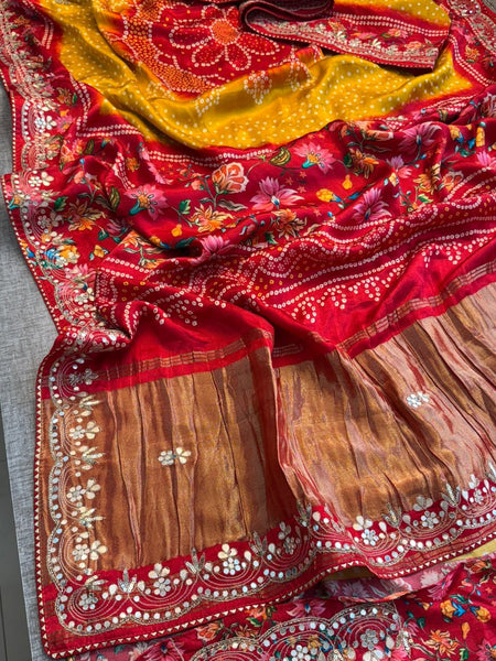 Pure Gajji Silk Lakdi Patta Digital Print Saree with Handcrafted Gota Patti Kutdana Sequins and Kasab Work