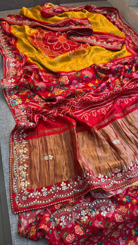 Pure Gajji Silk Lakdi Patta Digital Print Saree with Handcrafted Gota Patti Kutdana Sequins and Kasab Work