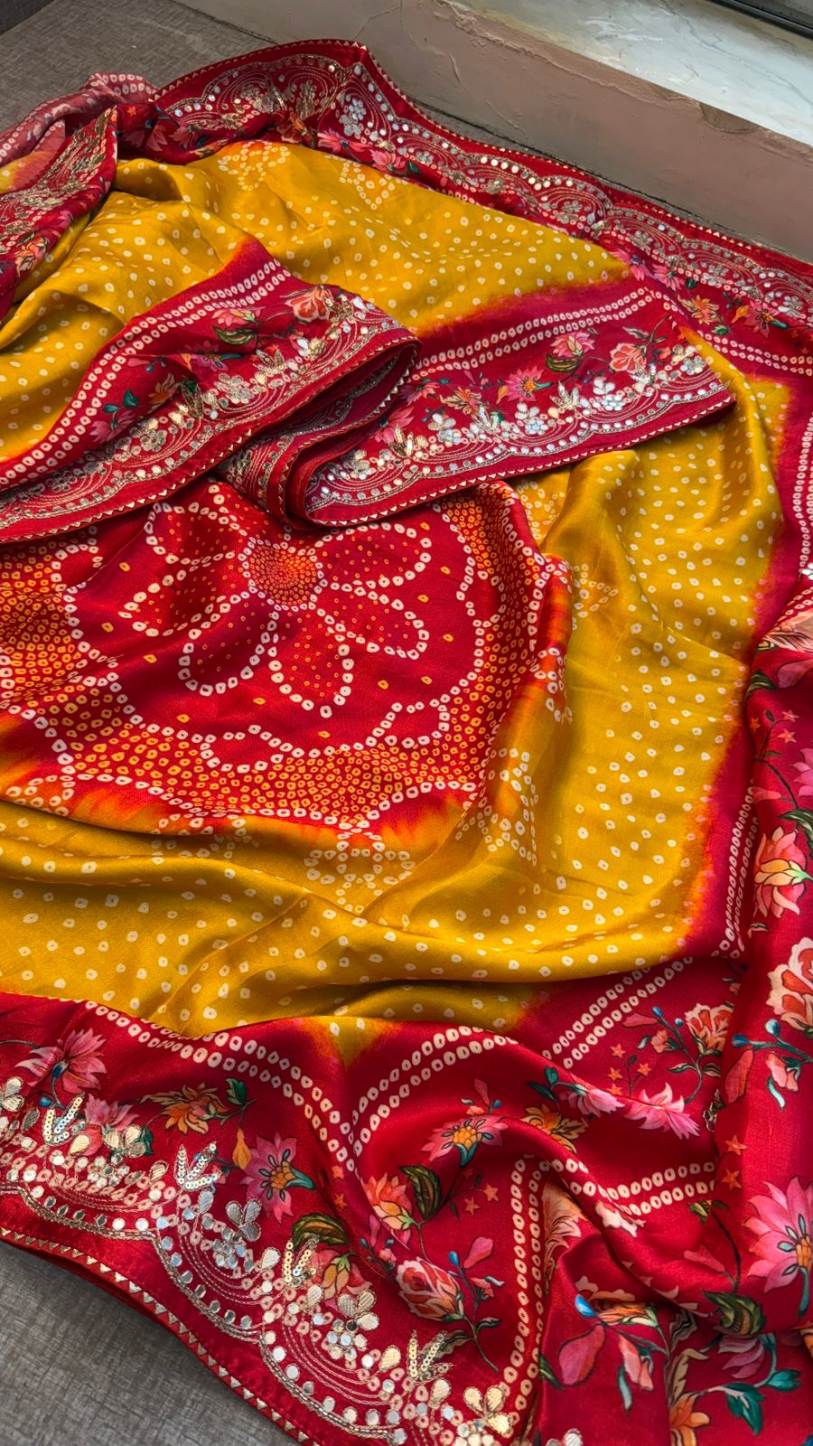 Pure Gajji Silk Lakdi Patta Digital Print Saree with Handcrafted Gota Patti Kutdana Sequins and Kasab Work