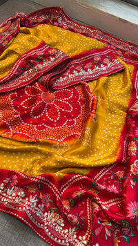 Pure Gajji Silk Lakdi Patta Digital Print Saree with Handcrafted Gota Patti Kutdana Sequins and Kasab Work