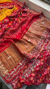 Pure Gajji Silk Lakdi Patta Digital Print Saree with Handcrafted Gota Patti Kutdana Sequins and Kasab Work