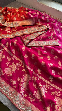 Pure Munga Silk Banarasi Saree with Handcrafted Kutdana Pearl Sequins and Zarkan Embroidery