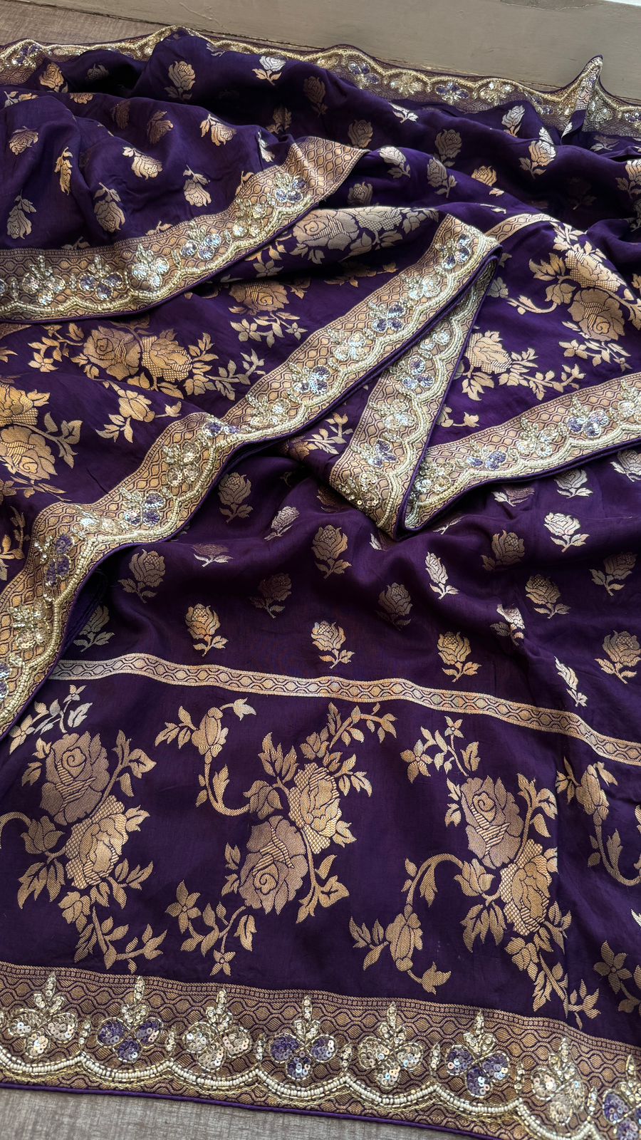 Pure Munga Silk Banarasi Saree with Handcrafted Kutdana Pearl Sequins and Zarkan Embroidery