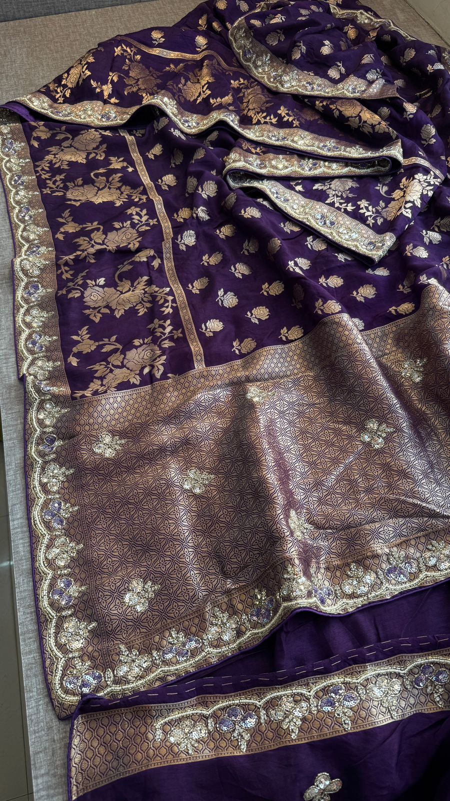Pure Munga Silk Banarasi Saree with Handcrafted Kutdana Pearl Sequins and Zarkan Embroidery