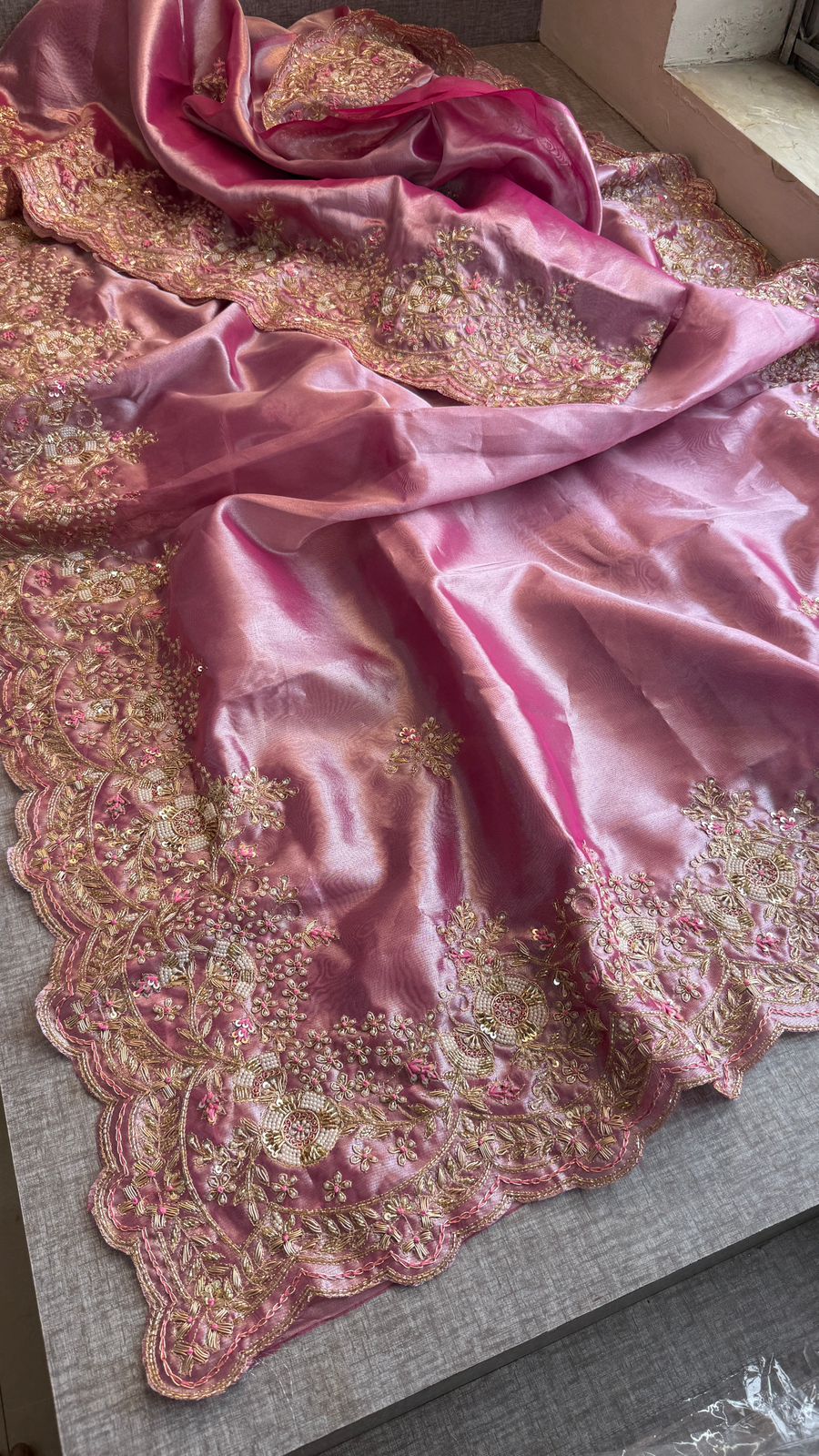 Pure Tissue Silk Saree with Handcrafted Zardozi, Pearl & Sequins Scallop Border - Rose Pink