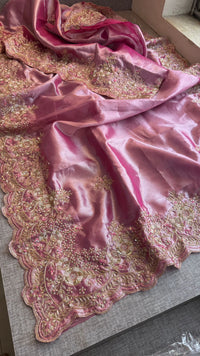 Pure Tissue Silk Saree with Handcrafted Zardozi, Pearl & Sequins Scallop Border - Rose Pink