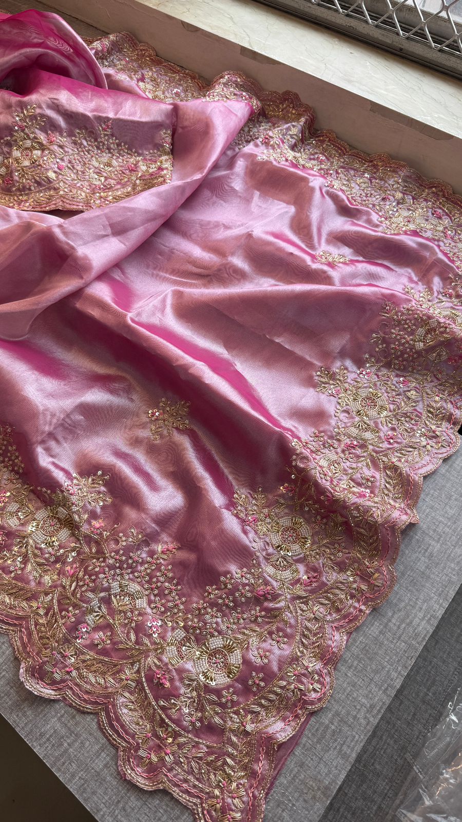 Pure Tissue Silk Saree with Handcrafted Zardozi, Pearl & Sequins Scallop Border - Rose Pink