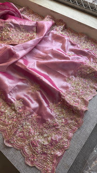 Pure Tissue Silk Saree with Handcrafted Zardozi, Pearl & Sequins Scallop Border - Rose Pink
