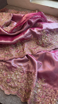 Pure Tissue Silk Saree with Handcrafted Zardozi, Pearl & Sequins Scallop Border - Rose Pink