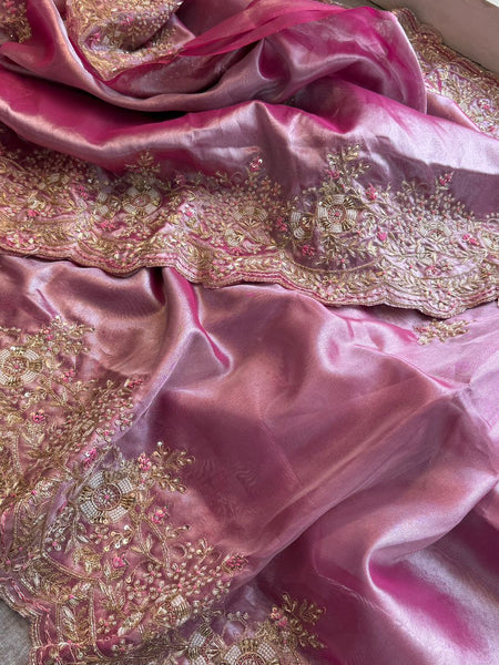 Pure Tissue Silk Saree with Handcrafted Zardozi, Pearl & Sequins Scallop Border - Rose Pink