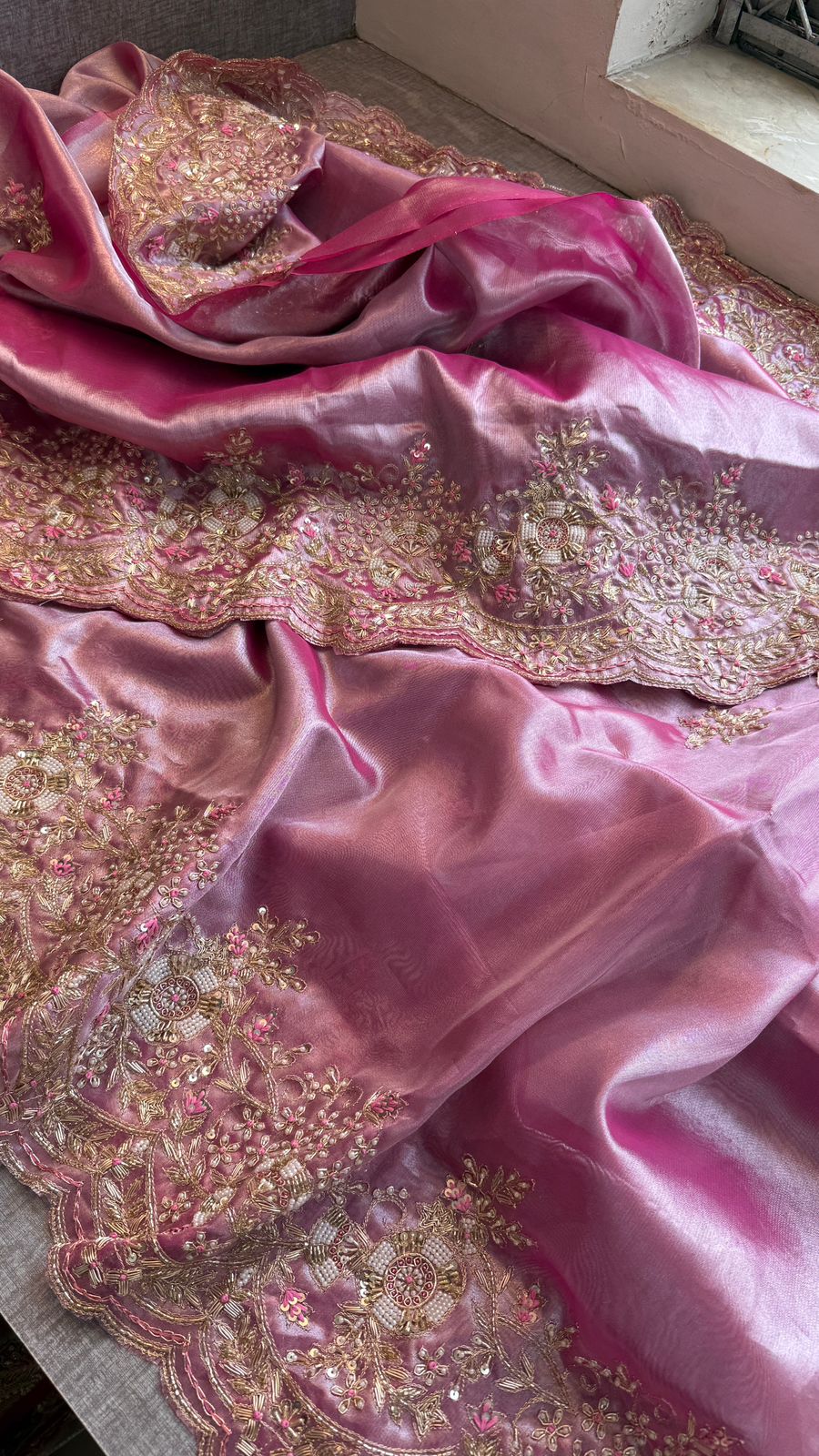 Pure Tissue Silk Saree with Handcrafted Zardozi, Pearl & Sequins Scallop Border - Rose Pink