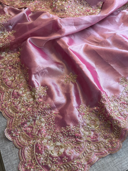 Pure Tissue Silk Saree with Handcrafted Zardozi, Pearl & Sequins Scallop Border - Rose Pink