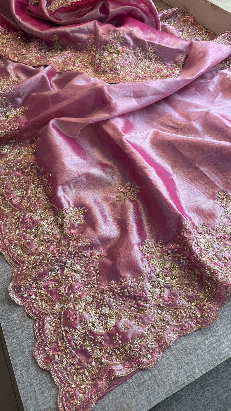 Pure Tissue Silk Saree with Handcrafted Zardozi, Pearl & Sequins Scallop Border - Rose Pink