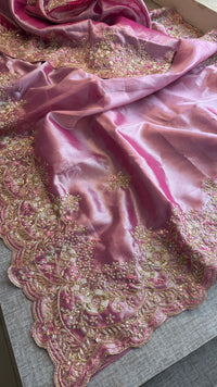 Pure Tissue Silk Saree with Handcrafted Zardozi, Pearl & Sequins Scallop Border - Rose Pink