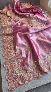 Pure Tissue Silk Saree with Handcrafted Zardozi, Pearl & Sequins Scallop Border - Rose Pink