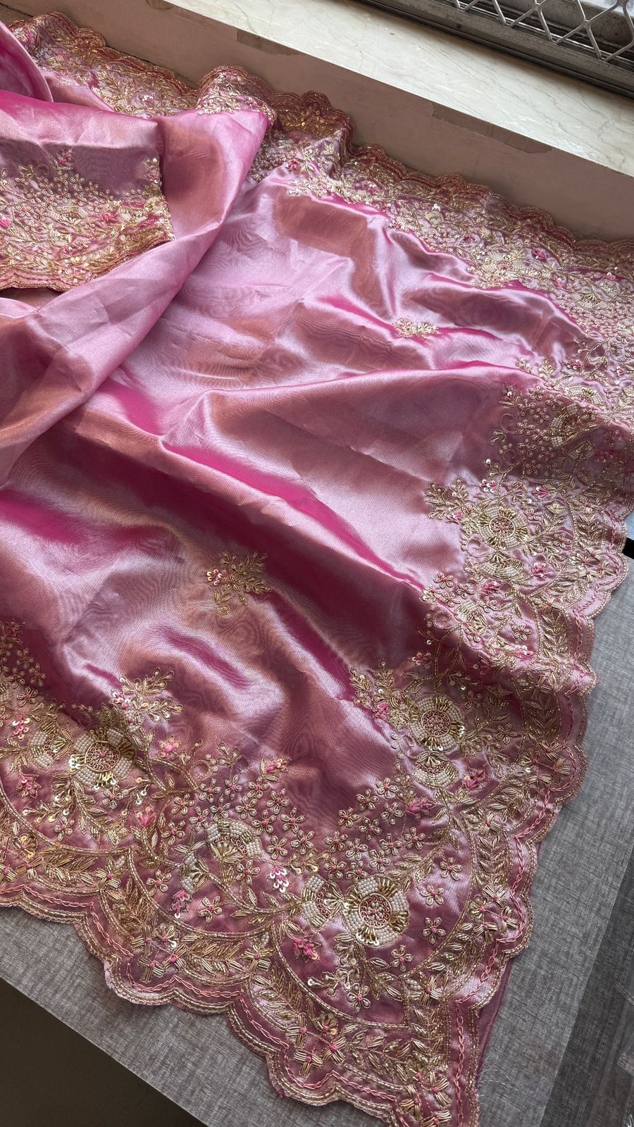 Pure Tissue Silk Saree with Handcrafted Zardozi, Pearl & Sequins Scallop Border - Rose Pink