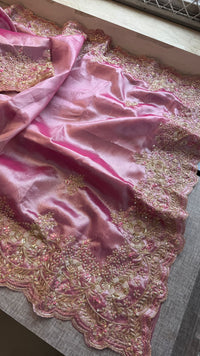 Pure Tissue Silk Saree with Handcrafted Zardozi, Pearl & Sequins Scallop Border - Rose Pink