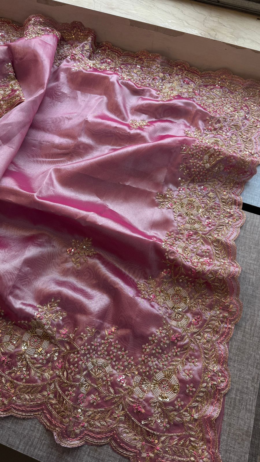 Pure Tissue Silk Saree with Handcrafted Zardozi, Pearl & Sequins Scallop Border - Rose Pink