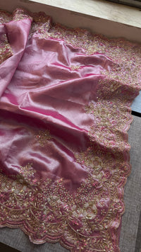 Pure Tissue Silk Saree with Handcrafted Zardozi, Pearl & Sequins Scallop Border - Rose Pink
