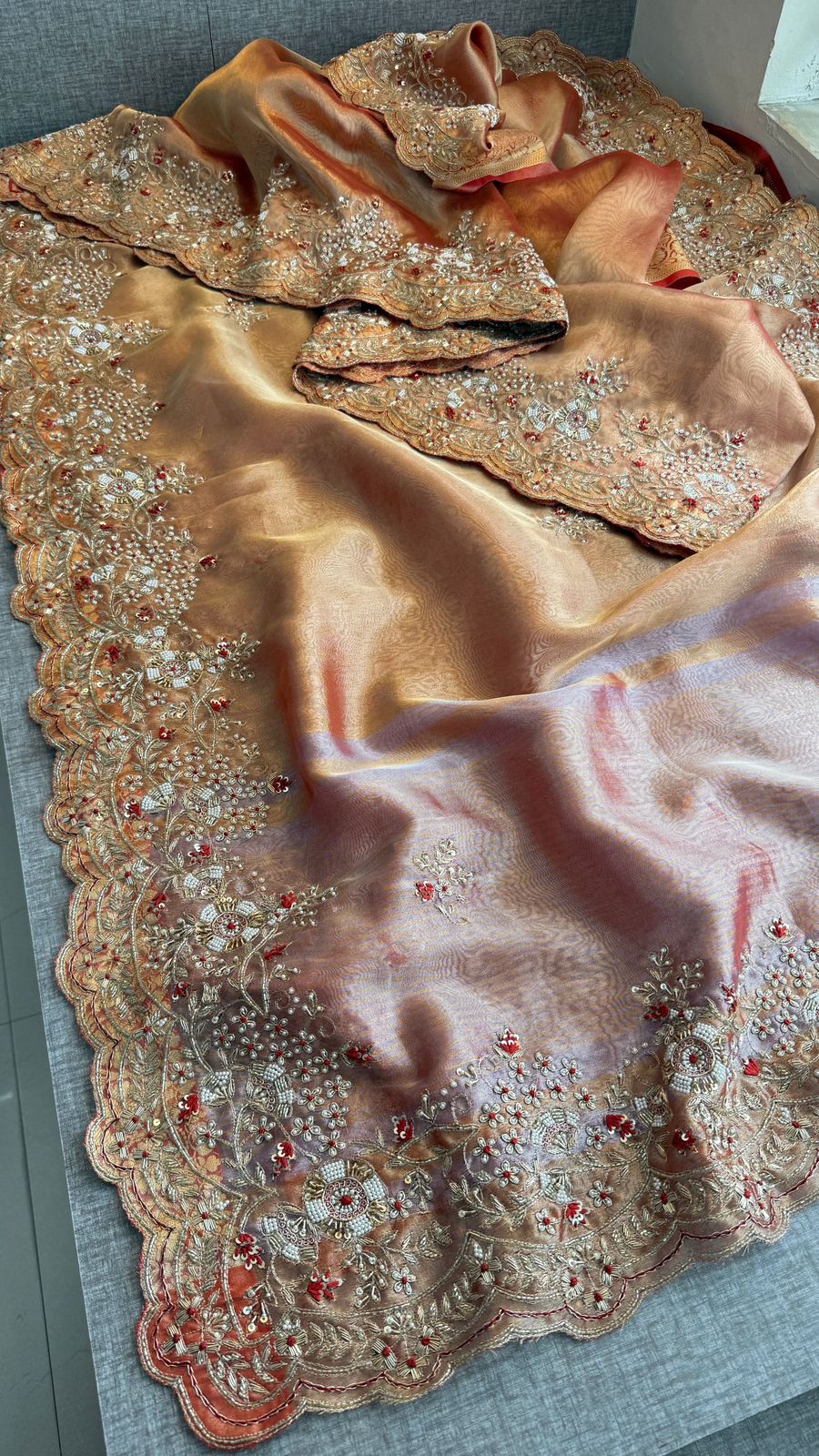 Pure Tissue Silk Saree with Handcrafted Zardozi, Pearl & Sequins Scallop Border