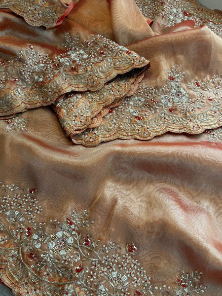 Pure Tissue Silk Saree with Handcrafted Zardozi, Pearl & Sequins Scallop Border