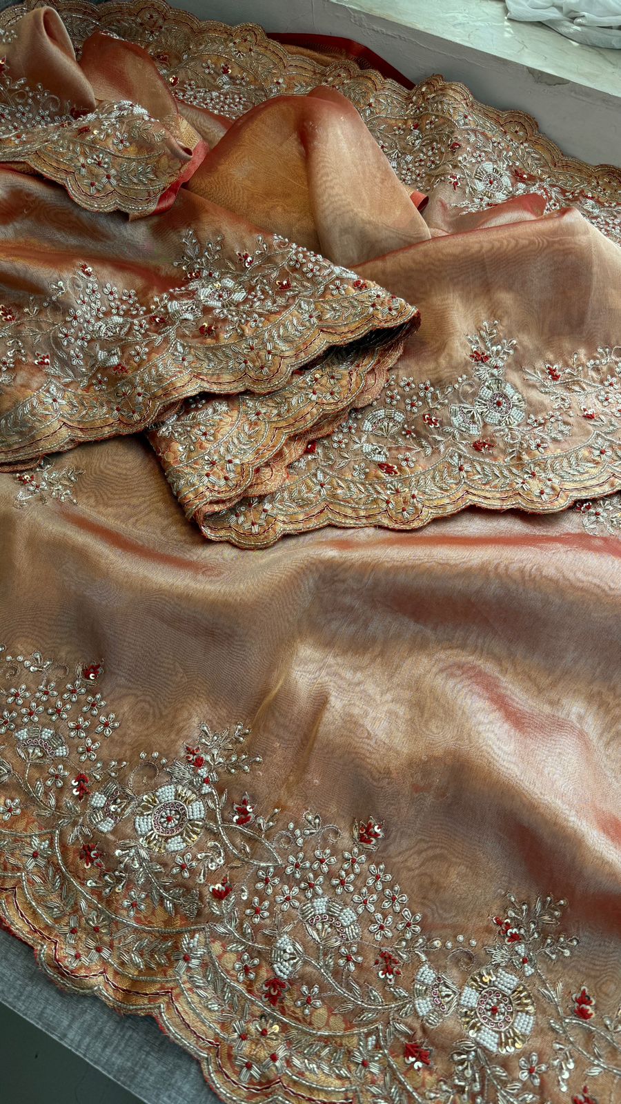 Pure Tissue Silk Saree with Handcrafted Zardozi, Pearl & Sequins Scallop Border