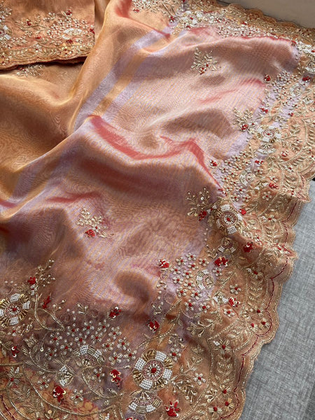 Pure Tissue Silk Saree with Handcrafted Zardozi, Pearl & Sequins Scallop Border