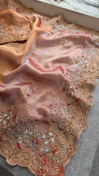 Pure Tissue Silk Saree with Handcrafted Zardozi, Pearl & Sequins Scallop Border