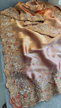 Pure Tissue Silk Saree with Handcrafted Zardozi, Pearl & Sequins Scallop Border