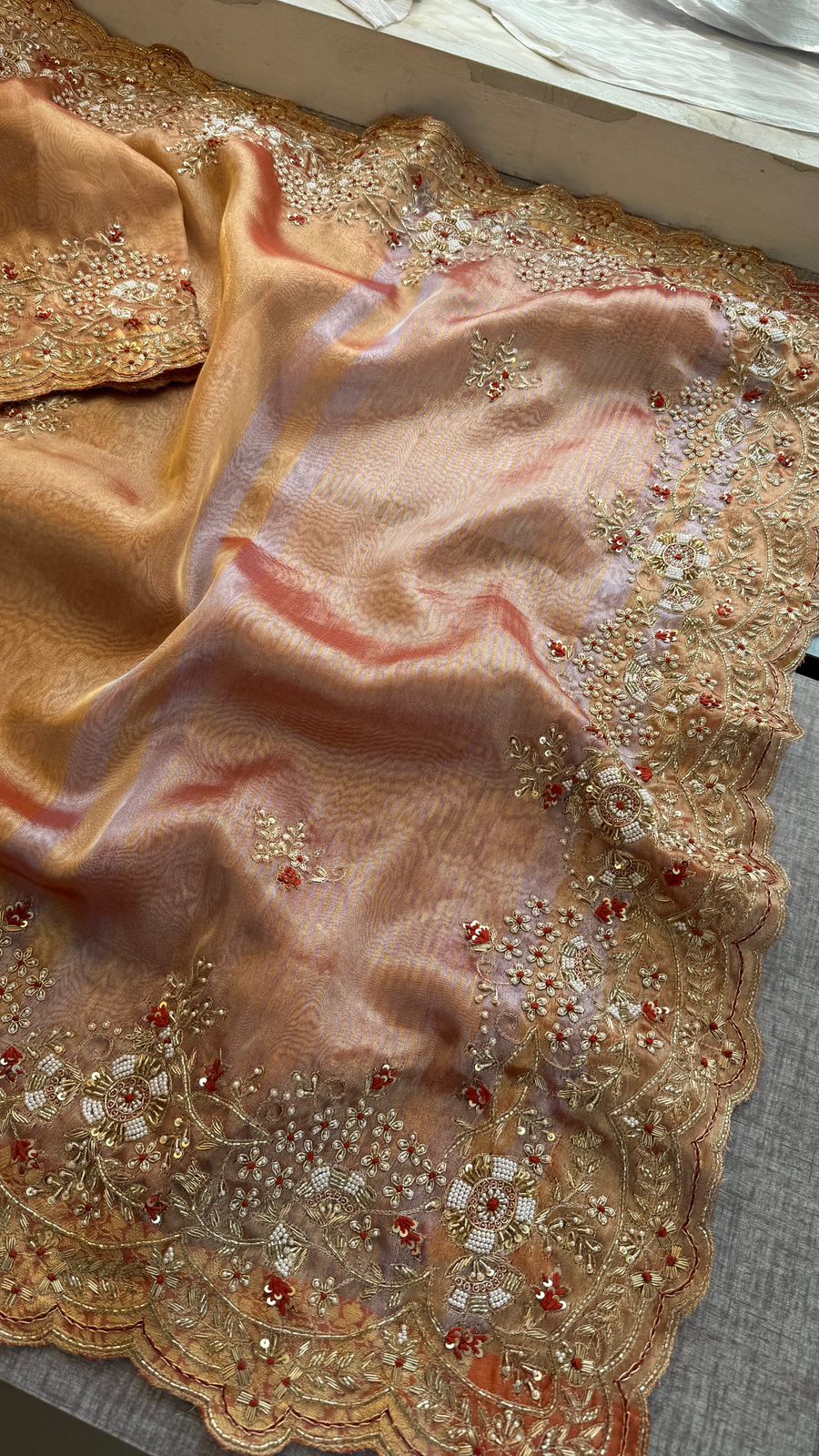 Pure Tissue Silk Saree with Handcrafted Zardozi, Pearl & Sequins Scallop Border
