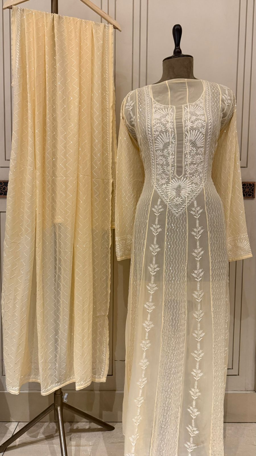 Pure Georgette Anarkali Kurta Dupatta Set with Pearl Sequins and Katdana Embellishment