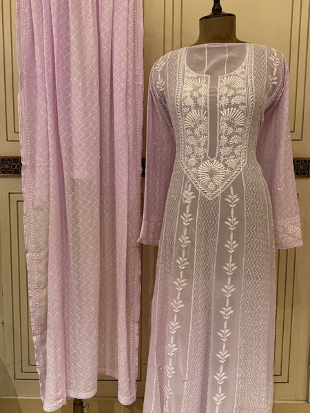 Pure Georgette Anarkali Kurta Dupatta Set with Pearl Sequins and Katdana Embellishment