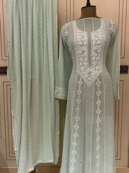 Pure Georgette Anarkali Kurta Dupatta Set with Pearl Sequins and Katdana Embellishment