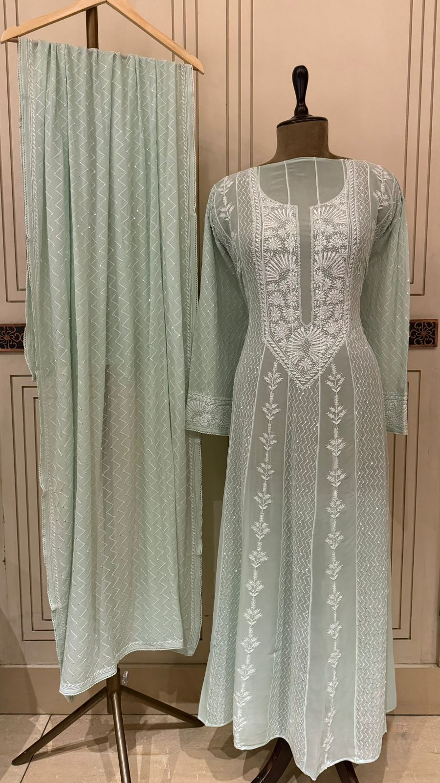 Pure Georgette Anarkali Kurta Dupatta Set with Pearl Sequins and Katdana Embellishment