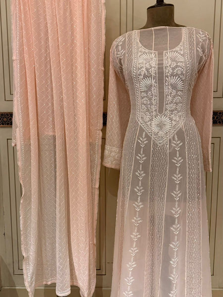 Pure Georgette Anarkali Kurta Dupatta Set with Pearl Sequins and Katdana Embellishment