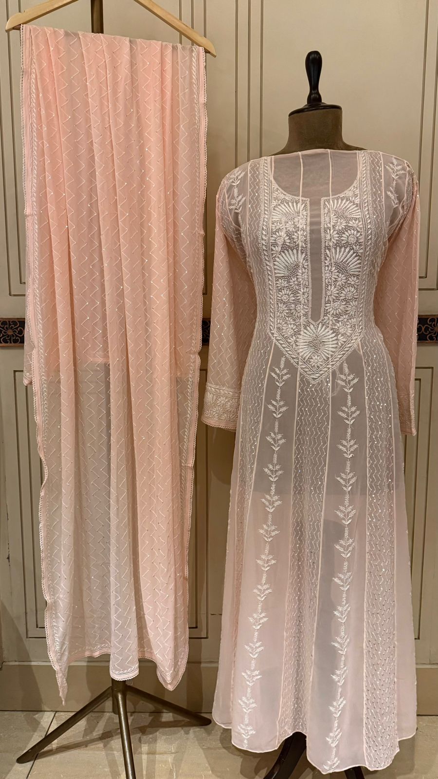 Pure Georgette Anarkali Kurta Dupatta Set with Pearl Sequins and Katdana Embellishment