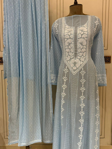 Pure Georgette Anarkali Kurta Dupatta Set with Pearl Sequins and Katdana Embellishment