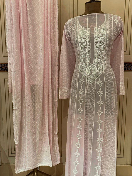 Pure Georgette Anarkali Kurta Dupatta Set with Pearl Sequins and Katdana Embellishment