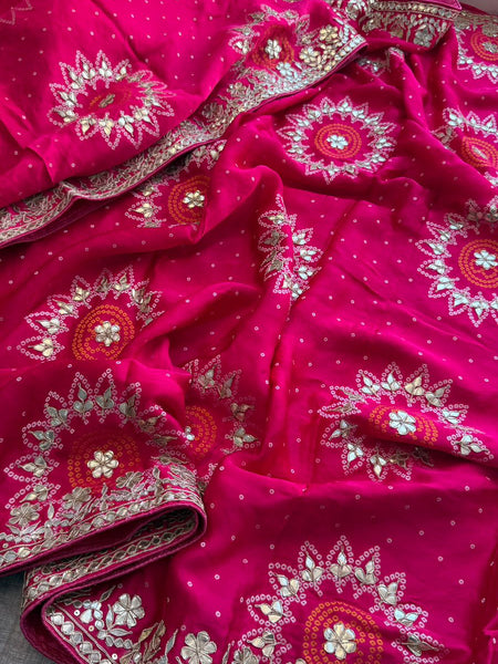 Pure Gajji Silk Lakdi Patta Bandhani Saree with Zardozi & Gotapatti Handwork