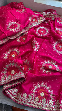 Pure Gajji Silk Lakdi Patta Bandhani Saree with Zardozi & Gotapatti Handwork