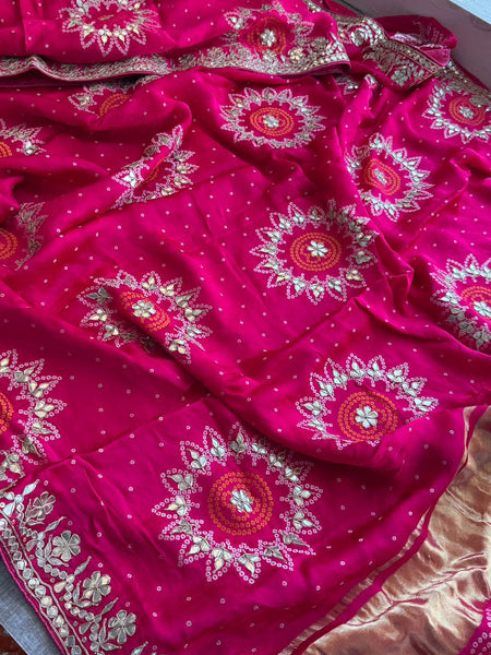 Pure Gajji Silk Lakdi Patta Bandhani Saree with Zardozi & Gotapatti Handwork