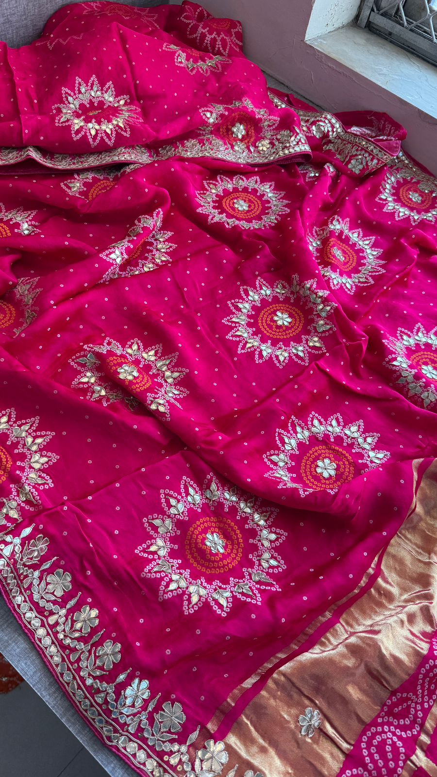 Pure Gajji Silk Lakdi Patta Bandhani Saree with Zardozi & Gotapatti Handwork