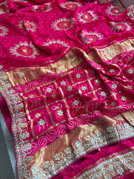 Pure Gajji Silk Lakdi Patta Bandhani Saree with Zardozi & Gotapatti Handwork