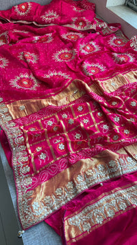 Pure Gajji Silk Lakdi Patta Bandhani Saree with Zardozi & Gotapatti Handwork