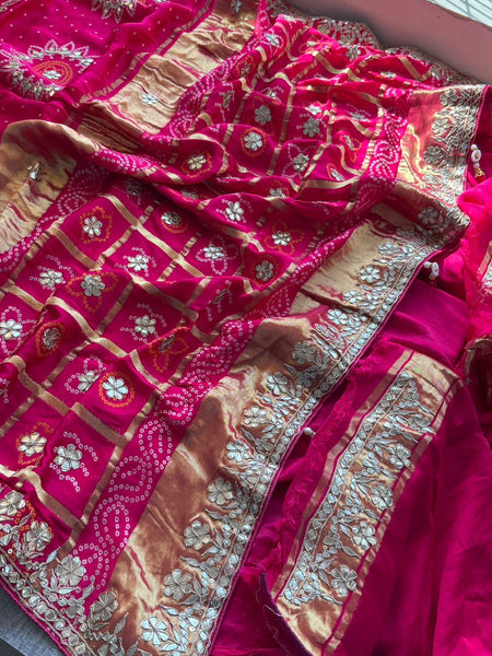 Pure Gajji Silk Lakdi Patta Bandhani Saree with Zardozi & Gotapatti Handwork