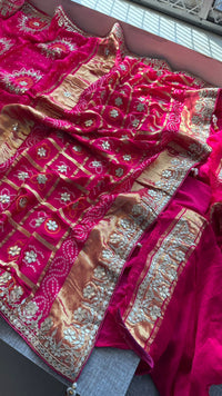 Pure Gajji Silk Lakdi Patta Bandhani Saree with Zardozi & Gotapatti Handwork