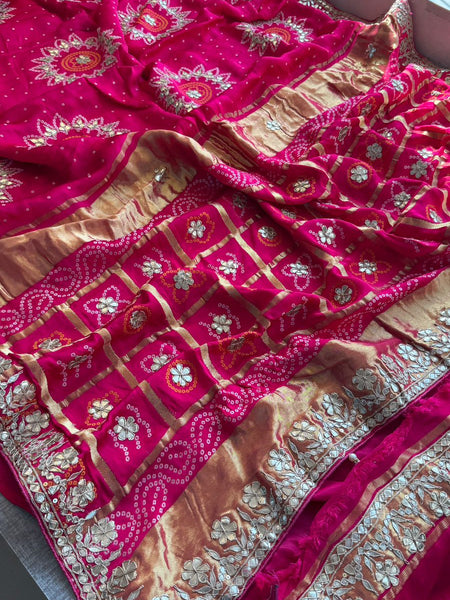 Pure Gajji Silk Lakdi Patta Bandhani Saree with Zardozi & Gotapatti Handwork