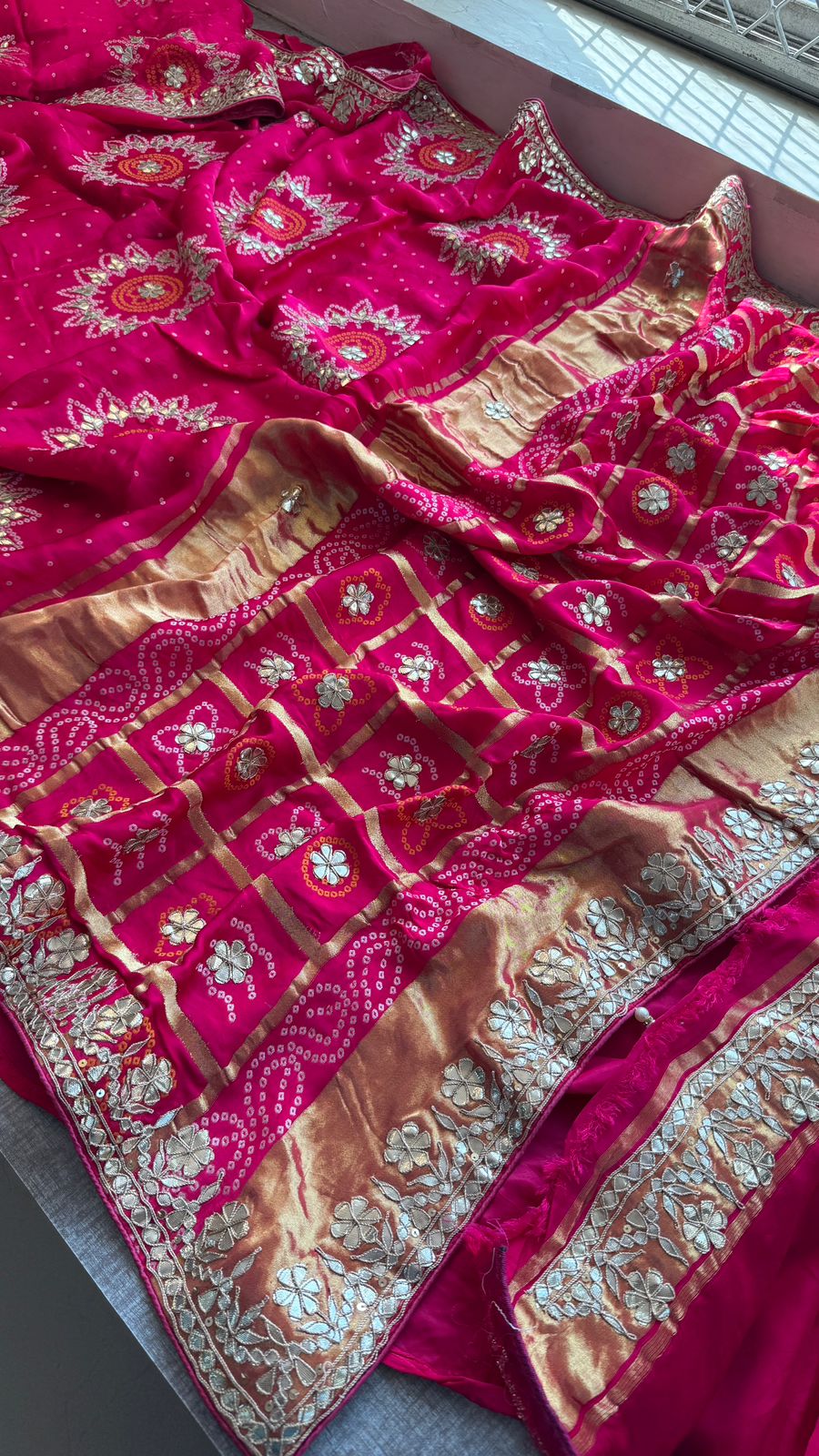 Pure Gajji Silk Lakdi Patta Bandhani Saree with Zardozi & Gotapatti Handwork